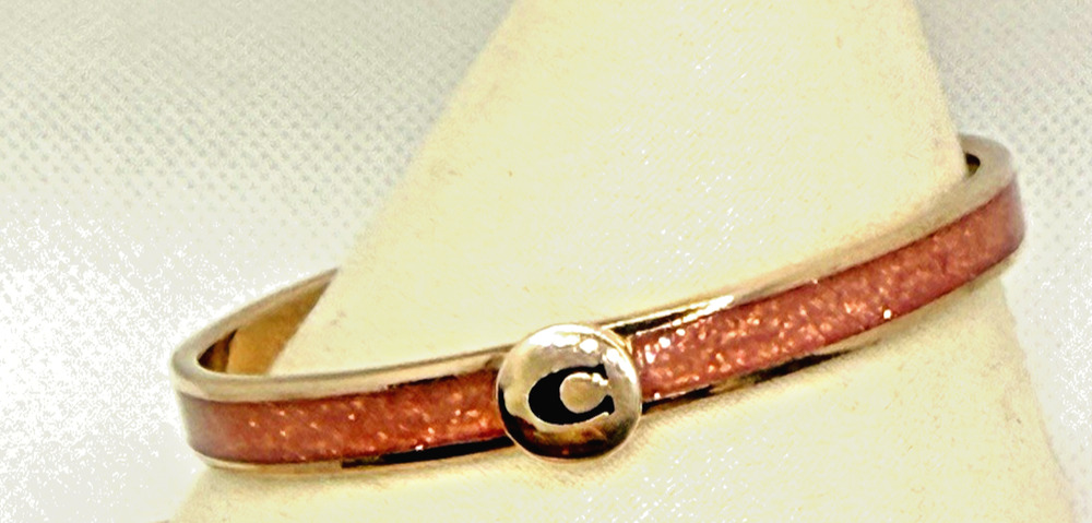 COACH Rose Gold Plated Pink Sparkle Glitter Enamel Hinged Bangle Bracelet C Logo